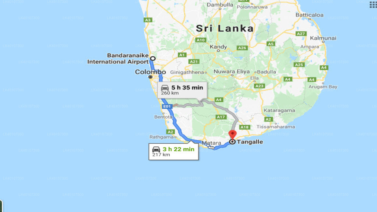 Transfer between Colombo Airport (CMB) and Lankavatara Ocean Retreat & Spa, Tangalle