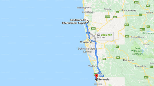 Transfer between Colombo Airport (CMB) and Riverina Hotel, Beruwala