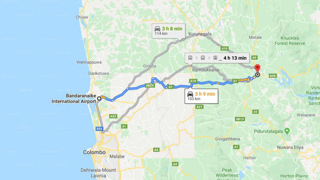 Transfer between Colombo Airport (CMB) and Manor House, Kandy