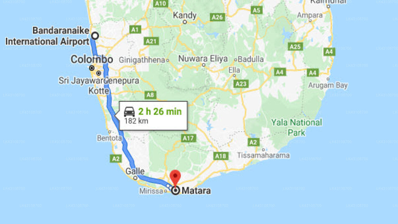 Transfer between Colombo Airport (CMB) and Claughton and Nugaya Restaurant, Matara