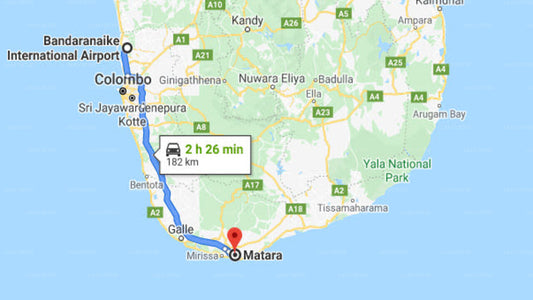 Transfer between Colombo Airport (CMB) and Claughton and Nugaya Restaurant, Matara