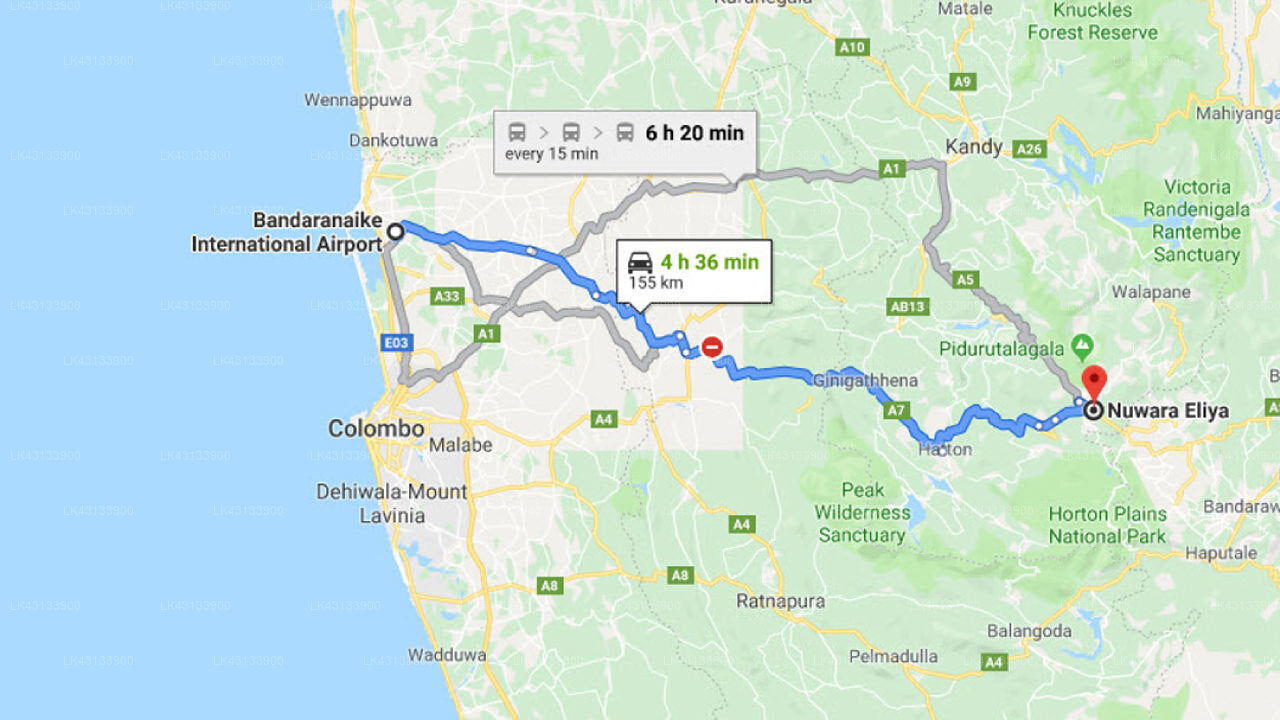 Transfer between Colombo Airport (CMB) and King Fern Bungalow, Nuwara Eliya