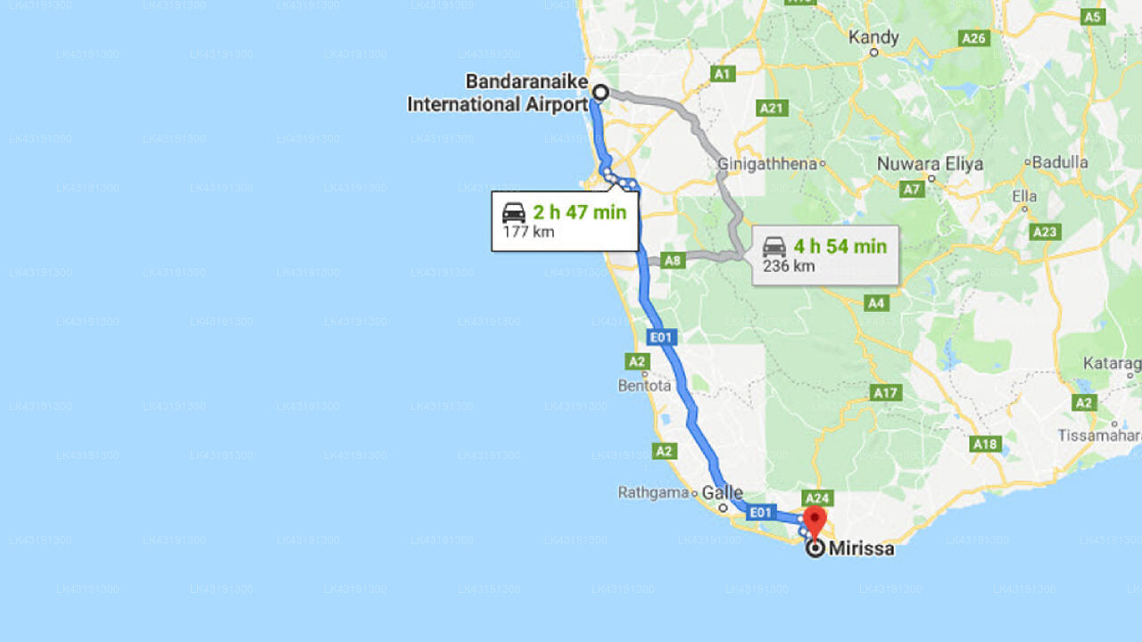 Transfer between Colombo Airport (CMB) and Sri Wedamadhura Villa, Mirissa